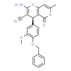 ChemSpider 2D Image | (4S)-2-Amino-4-[4-(benzyloxy)-3-methoxyphenyl]-7-methyl-5-oxo-4H,5H-pyrano[4,3-b]pyran-3-carbonitrile | C24H20N2O5
