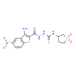 ChemSpider 2D Image | 2-[(3-Amino-5-nitro-1-benzothiophen-2-yl)carbonyl]-N-(1,1-dioxidotetrahydro-3-thiophenyl)hydrazinecarbothioamide | C14H15N5O5S3
