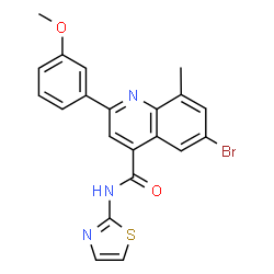 ChemSpider 2D Image | 6-Bromo-2-(3-methoxyphenyl)-8-methyl-N-(1,3-thiazol-2-yl)-4-quinolinecarboxamide | C21H16BrN3O2S