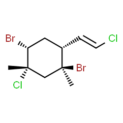 ChemSpider 2D Image | (1S,2R,4R,5S)-1,4-Dibromo-5-chloro-2-[(E)-2-chlorovinyl]-1,5-dimethylcyclohexane | C10H14Br2Cl2