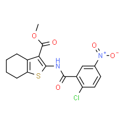 ChemSpider 2D Image | Methyl 2-[(2-chloro-5-nitrobenzoyl)amino]-4,5,6,7-tetrahydro-1-benzothiophene-3-carboxylate | C17H15ClN2O5S