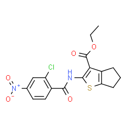 ChemSpider 2D Image | Ethyl 2-[(2-chloro-4-nitrobenzoyl)amino]-5,6-dihydro-4H-cyclopenta[b]thiophene-3-carboxylate | C17H15ClN2O5S