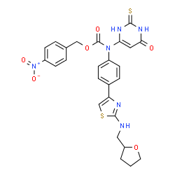 ChemSpider 2D Image | 4-Nitrobenzyl (6-oxo-2-thioxo-1,2,3,6-tetrahydro-4-pyrimidinyl)(4-{2-[(tetrahydro-2-furanylmethyl)amino]-1,3-thiazol-4-yl}phenyl)carbamate | C26H24N6O6S2