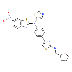ChemSpider 2D Image | 6-Nitro-N-(4-{2-[(tetrahydro-2-furanylmethyl)amino]-1,3-thiazol-4-yl}phenyl)-N-(1,3-thiazol-5-yl)-1,3-benzothiazol-2-amine | C24H20N6O3S3