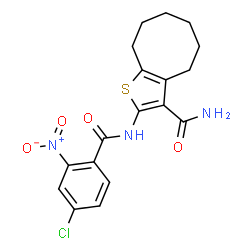 ChemSpider 2D Image | 2-[(4-Chloro-2-nitrobenzoyl)amino]-4,5,6,7,8,9-hexahydrocycloocta[b]thiophene-3-carboxamide | C18H18ClN3O4S