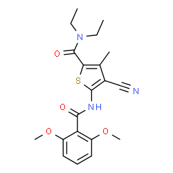 ChemSpider 2D Image | 4-Cyano-5-[(2,6-dimethoxybenzoyl)amino]-N,N-diethyl-3-methyl-2-thiophenecarboxamide | C20H23N3O4S