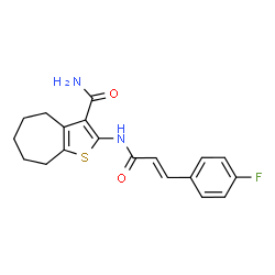 ChemSpider 2D Image | 2-{[(2E)-3-(4-Fluorophenyl)-2-propenoyl]amino}-5,6,7,8-tetrahydro-4H-cyclohepta[b]thiophene-3-carboxamide | C19H19FN2O2S
