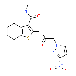 ChemSpider 2D Image | N-Methyl-2-{[(3-nitro-1H-pyrazol-1-yl)acetyl]amino}-4,5,6,7-tetrahydro-1-benzothiophene-3-carboxamide | C15H17N5O4S
