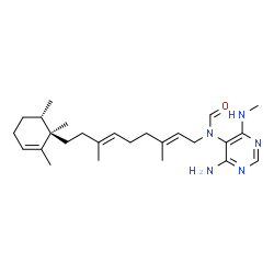 ChemSpider 2D Image | N-[4-Amino-6-(methylamino)-5-pyrimidinyl]-N-{(2E,6E)-3,7-dimethyl-9-[(1R,6S)-1,2,6-trimethyl-2-cyclohexen-1-yl]-2,6-nonadien-1-yl}formamide | C26H41N5O