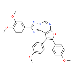 ChemSpider 2D Image | 2-(3,4-Dimethoxyphenyl)-8,9-bis(4-methoxyphenyl)furo[3,2-e][1,2,4]triazolo[1,5-c]pyrimidine | C29H24N4O5