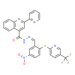 ChemSpider 2D Image | N'-[(Z)-(5-Nitro-2-{[5-(trifluoromethyl)-2-pyridinyl]sulfanyl}phenyl)methylene]-2-(2-pyridinyl)-4-quinolinecarbohydrazide | C28H17F3N6O3S