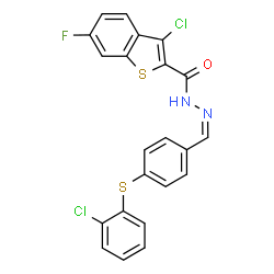 ChemSpider 2D Image | 3-Chloro-N'-[(Z)-{4-[(2-chlorophenyl)sulfanyl]phenyl}methylene]-6-fluoro-1-benzothiophene-2-carbohydrazide | C22H13Cl2FN2OS2