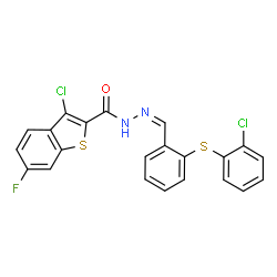 ChemSpider 2D Image | 3-Chloro-N'-[(Z)-{2-[(2-chlorophenyl)sulfanyl]phenyl}methylene]-6-fluoro-1-benzothiophene-2-carbohydrazide | C22H13Cl2FN2OS2