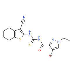 ChemSpider 2D Image | 4-Bromo-N-[(3-cyano-4,5,6,7-tetrahydro-1-benzothiophen-2-yl)carbamothioyl]-1-ethyl-1H-pyrazole-3-carboxamide | C16H16BrN5OS2