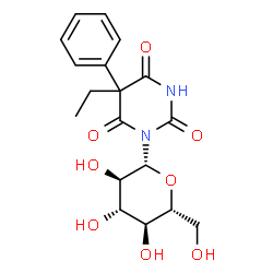 ChemSpider 2D Image | 5-Ethyl-1-(beta-D-glucopyranosyl)-5-phenyl-2,4,6(1H,3H,5H)-pyrimidinetrione | C18H22N2O8
