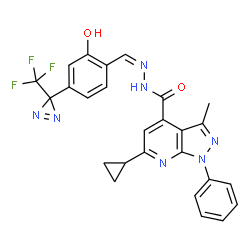 ChemSpider 2D Image | 6-Cyclopropyl-N'-[(Z)-{2-hydroxy-4-[3-(trifluoromethyl)-3H-diaziren-3-yl]phenyl}methylene]-3-methyl-1-phenyl-1H-pyrazolo[3,4-b]pyridine-4-carbohydrazide | C26H20F3N7O2