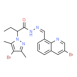 ChemSpider 2D Image | 2-(4-Bromo-3,5-dimethyl-1H-pyrazol-1-yl)-N'-[(Z)-(3-bromo-8-quinolinyl)methylene]butanehydrazide | C19H19Br2N5O