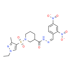 ChemSpider 2D Image | N'-[(Z)-(2,4-Dinitrophenyl)methylene]-1-[(1-ethyl-3-methyl-1H-pyrazol-4-yl)sulfonyl]-3-piperidinecarbohydrazide | C19H23N7O7S