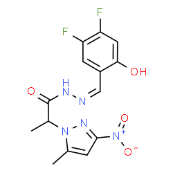 ChemSpider 2D Image | N'-[(Z)-(4,5-Difluoro-2-hydroxyphenyl)methylene]-2-(5-methyl-3-nitro-1H-pyrazol-1-yl)propanehydrazide | C14H13F2N5O4