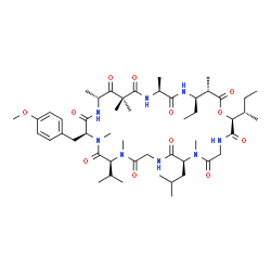 ChemSpider 2D Image | (2S,8S,14S,17S,20R,25S,28R,29S)-2-[(2S)-2-Butanyl]-28-ethyl-8-isobutyl-14-isopropyl-17-(4-methoxybenzyl)-7,13,16,20,22,22,25,29-octamethyl-1-oxa-4,7,10,13,16,19,24,27-octaazacyclotriacontane-3,6,9,12,
15,18,21,23,26,30-decone | C50H80N8O12