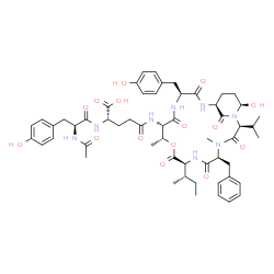 ChemSpider 2D Image | N-Acetyl-L-tyrosyl-N-[(2S,5S,8S,11R,12S,15S,18S,21R)-5-benzyl-8-[(2S)-2-butanyl]-21-hydroxy-15-(4-hydroxybenzyl)-2-isopropyl-4,11-dimethyl-3,6,9,13,16,22-hexaoxo-10-oxa-1,4,7,14,17-pentaazabicyclo[16.
3.1]docos-12-yl]-L-glutamine | C55H72N8O15