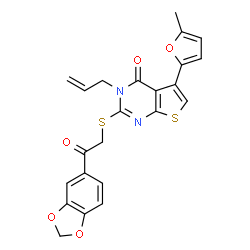 ChemSpider 2D Image | 3-Allyl-2-{[2-(1,3-benzodioxol-5-yl)-2-oxoethyl]sulfanyl}-5-(5-methyl-2-furyl)thieno[2,3-d]pyrimidin-4(3H)-one | C23H18N2O5S2