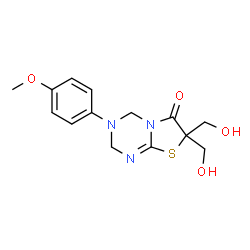 ChemSpider 2D Image | 7,7-Bis(hydroxymethyl)-3-(4-methoxyphenyl)-3,4-dihydro-2H-[1,3]thiazolo[3,2-a][1,3,5]triazin-6(7H)-one | C14H17N3O4S