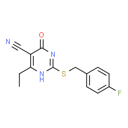 ChemSpider 2D Image | 4-Ethyl-2-[(4-fluorobenzyl)sulfanyl]-6-oxo-1,6-dihydropyrimidine-5-carbonitrile | C14H12FN3OS
