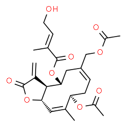 ChemSpider 2D Image | (3aS,4R,6E,9R,10Z,11aS)-9-Acetoxy-6-(acetoxymethyl)-10-methyl-3-methylene-2-oxo-2,3,3a,4,5,8,9,11a-octahydrocyclodeca[b]furan-4-yl (2E)-4-hydroxy-2-methyl-2-butenoate | C24H30O9