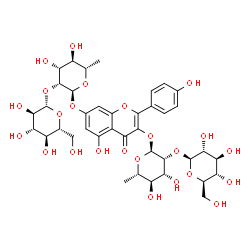 ChemSpider 2D Image | 3-{[6-Deoxy-2-O-(beta-D-glucopyranosyl)-alpha-L-mannopyranosyl]oxy}-5-hydroxy-2-(4-hydroxyphenyl)-4-oxo-4H-chromen-7-yl 6-deoxy-2-O-beta-D-glucopyranosyl-alpha-L-mannopyranoside | C39H50O24