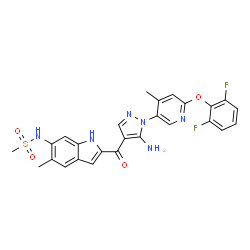 ChemSpider 2D Image | N-[2-({5-Amino-1-[6-(2,6-difluorophenoxy)-4-methyl-3-pyridinyl]-1H-pyrazol-4-yl}carbonyl)-5-methyl-1H-indol-6-yl]methanesulfonamide | C26H22F2N6O4S