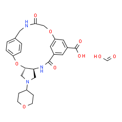 ChemSpider 2D Image | (3S,7S)-9,17-Dioxo-5-(tetrahydro-2H-pyran-4-yl)-2,15-dioxa-5,8,18-triazatetracyclo[18.2.2.1~10,14~.0~3,7~]pentacosa-1(22),10(25),11,13,20,23-hexaene-12-carboxylic acid - formic acid (1:1) | C27H31N3O9