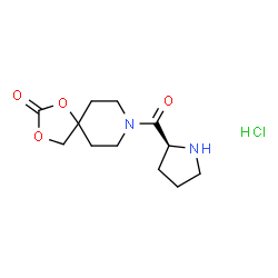 ChemSpider 2D Image | 8-[(2S)-2-Pyrrolidinylcarbonyl]-1,3-dioxa-8-azaspiro[4.5]decan-2-one hydrochloride (1:1) | C12H19ClN2O4