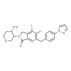 ChemSpider 2D Image | 4-fluoro-2-(4-hydroxyoxan-3-yl)-5-methyl-6-{[4-(pyrazol-1-yl)phenyl]methyl}-3H-isoindol-1-one | C24H24FN3O3
