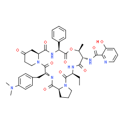 ChemSpider 2D Image | N-{(6S,9S,10S,13S,15aS,22S,24aS)-22-[4-(Dimethylamino)benzyl]-6-ethyl-10,23-dimethyl-5,8,12,15,17,21,24-heptaoxo-13-phenyldocosahydro-12H-pyrido[2,1-f]pyrrolo[2,1-l][1,4,7,10,13,16]oxapentaazacyclonon
adecin-9-yl}-3-hydroxy-2-pyridinecarboxamide | C45H54N8O10