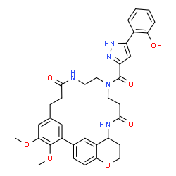 ChemSpider 2D Image | 13-{[5-(2-Hydroxyphenyl)-1H-pyrazol-3-yl]carbonyl}-3,4-dimethoxy-21-oxa-10,13,17-triazatetracyclo[16.6.2.1~2,6~.0~22,26~]heptacosa-1(24),2(27),3,5,22,25-hexaene-9,16-dione | C35H37N5O7