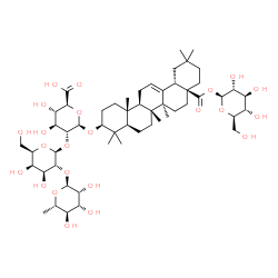 ChemSpider 2D Image | 1-O-[(3beta)-3-{[6-Deoxy-alpha-L-mannopyranosyl-(1->2)-beta-D-galactopyranosyl-(1->2)-beta-D-glucopyranuronosyl]oxy}-28-oxoolean-12-en-28-yl]-beta-D-glucopyranose | C54H86O23