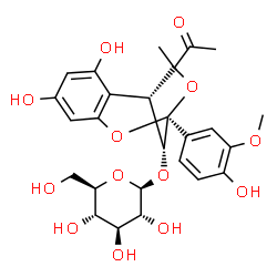 ChemSpider 2D Image | (1S,9S,12R)-11-Acetyl-3,5-dihydroxy-9-(4-hydroxy-3-methoxyphenyl)-11-methyl-8,10-dioxatricyclo[7.2.1.0~2,7~]dodeca-2,4,6-trien-12-yl beta-D-glucopyranoside | C26H30O13