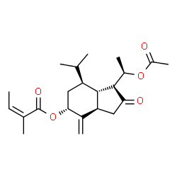 ChemSpider 2D Image | (1S,3aR,5R,7S,7aS)-1-[(1R)-1-Acetoxyethyl]-7-isopropyl-4-methylene-2-oxooctahydro-1H-inden-5-yl (2Z)-2-methyl-2-butenoate | C22H32O5