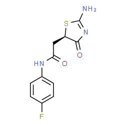 ChemSpider 2D Image | 2-[(5R)-2-Amino-4-oxo-4,5-dihydro-1,3-thiazol-5-yl]-N-(4-fluorophenyl)acetamide | C11H10FN3O2S
