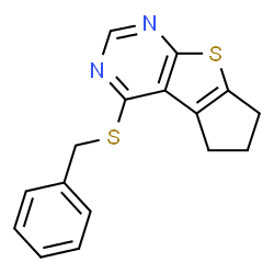ChemSpider 2D Image | 4-(Benzylsulfanyl)-6,7-dihydro-5H-cyclopenta[4,5]thieno[2,3-d]pyrimidine | C16H14N2S2