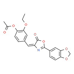 ChemSpider 2D Image | 4-{(E)-[2-(1,3-Benzodioxol-5-yl)-5-oxo-1,3-oxazol-4(5H)-ylidene]methyl}-2-ethoxyphenyl acetate | C21H17NO7