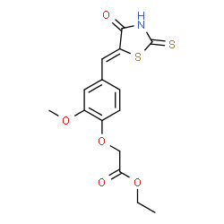 ChemSpider 2D Image | Ethyl {2-methoxy-4-[(Z)-(4-oxo-2-thioxo-1,3-thiazolidin-5-ylidene)methyl]phenoxy}acetate | C15H15NO5S2