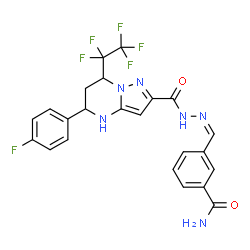ChemSpider 2D Image | 3-[(Z)-({[5-(4-Fluorophenyl)-7-(pentafluoroethyl)-4,5,6,7-tetrahydropyrazolo[1,5-a]pyrimidin-2-yl]carbonyl}hydrazono)methyl]benzamide | C23H18F6N6O2
