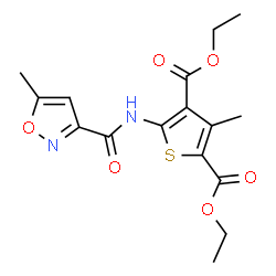 ChemSpider 2D Image | Diethyl 3-methyl-5-{[(5-methyl-1,2-oxazol-3-yl)carbonyl]amino}-2,4-thiophenedicarboxylate | C16H18N2O6S