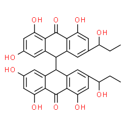 ChemSpider 2D Image | 2,2',4,4',5,5'-Hexahydroxy-7,7'-bis(1-hydroxypropyl)-9,9'-bianthracene-10,10'(9H,9'H)-dione | C34H30O10