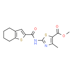 ChemSpider 2D Image | Methyl 4-methyl-2-[(4,5,6,7-tetrahydro-1-benzothiophen-2-ylcarbonyl)amino]-1,3-thiazole-5-carboxylate | C15H16N2O3S2