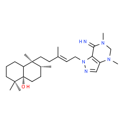 ChemSpider 2D Image | (1S,2R,4aS)-1-[(3E)-5-(7-Imino-4,6-dimethyl-4,5,6,7-tetrahydro-1H-pyrazolo[4,3-d]pyrimidin-1-yl)-3-methyl-3-penten-1-yl]-1,2,5,5-tetramethyloctahydro-4a(2H)-naphthalenol | C27H45N5O