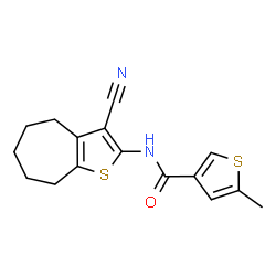ChemSpider 2D Image | N-(3-Cyano-5,6,7,8-tetrahydro-4H-cyclohepta[b]thiophen-2-yl)-5-methyl-3-thiophenecarboxamide | C16H16N2OS2