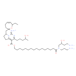 ChemSpider 2D Image | 8-[({16-[(4-Amino-2-hydroxybutyl)(3-aminopropyl)amino]-16-oxohexadecyl}oxy)carbonyl]-7'-ethyl-7-(4-hydroxypentyl)-1,2,2a,3,4',7'-hexahydro-3'H-spiro[6,8b-diaza-5-azoniaacenaphthylene-4,2'-oxepine] | C45H79N6O6